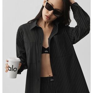 Alo Pinstripe Daylight Button Down Long Sleeve - Black Titanium